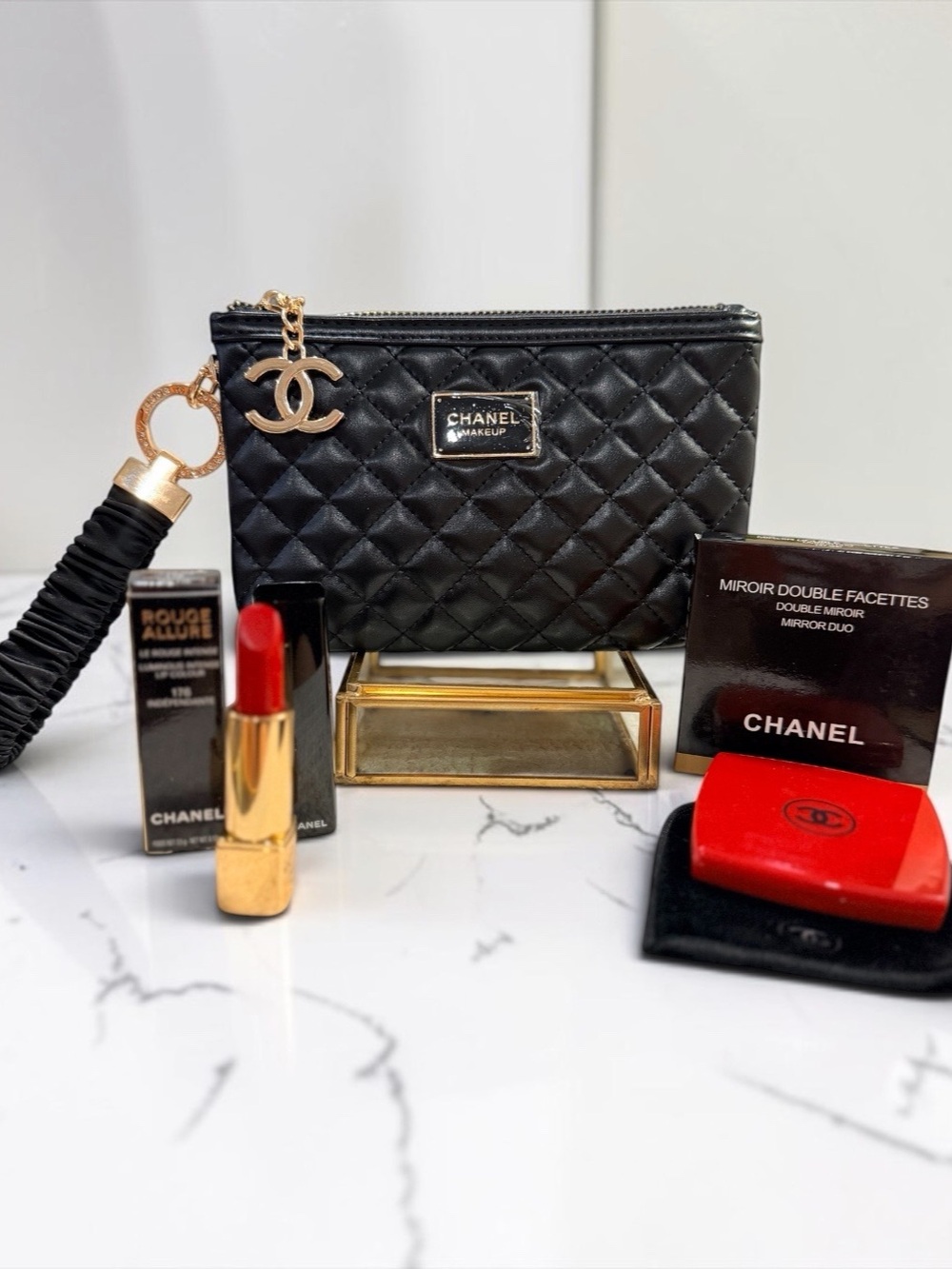 Quilted Wristlet Pouch with Double-Sided Mirror & CHANEL Rouge Allure Lipstick